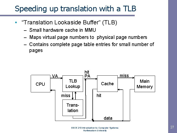 Speeding up translation with a TLB • “Translation Lookaside Buffer” (TLB) – Small hardware