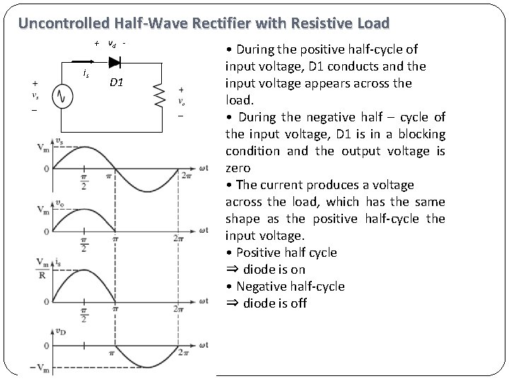 Uncontrolled Half-Wave Rectifier with Resistive Load + vd is D 1 • During the