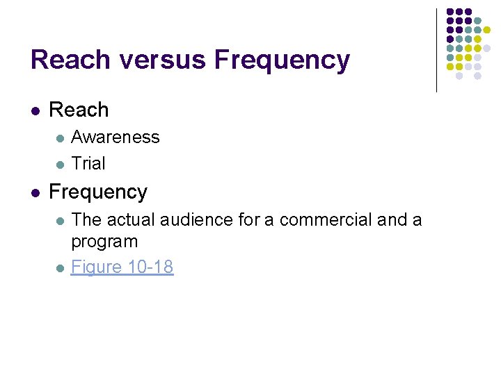 Reach versus Frequency l Reach l l l Awareness Trial Frequency l l The