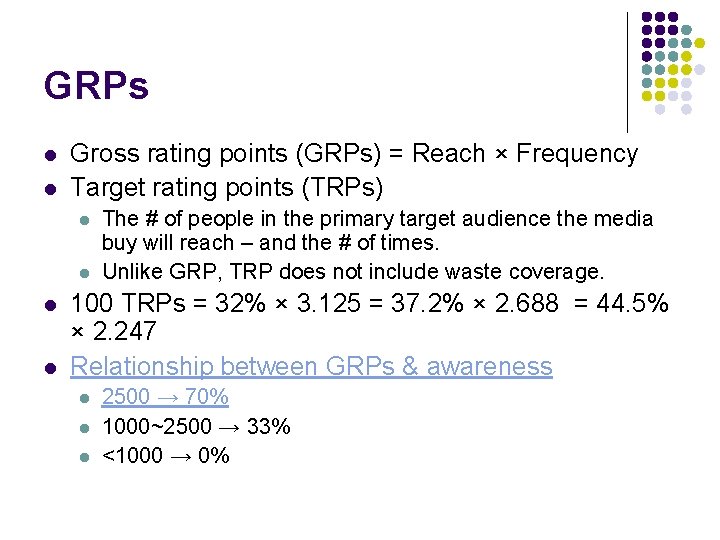 GRPs l l Gross rating points (GRPs) = Reach × Frequency Target rating points