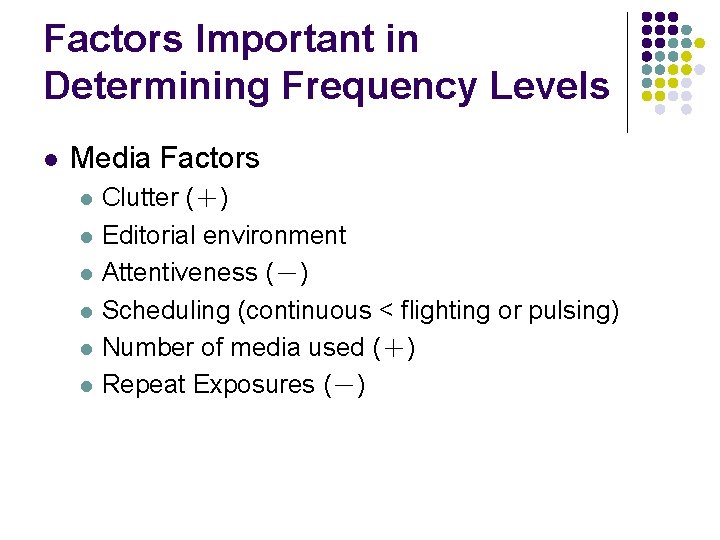 Factors Important in Determining Frequency Levels l Media Factors l l l Clutter (＋)