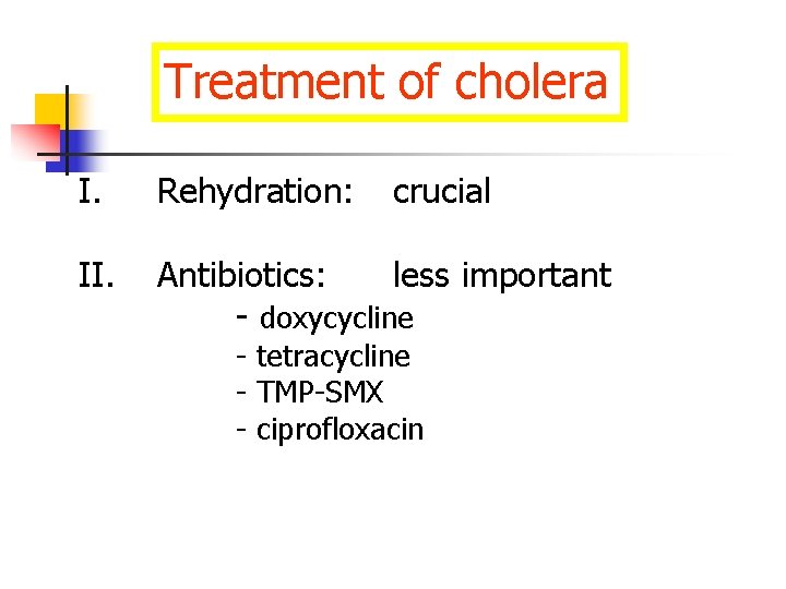 Treatment of cholera I. Rehydration: crucial II. Antibiotics: less important - doxycycline - tetracycline