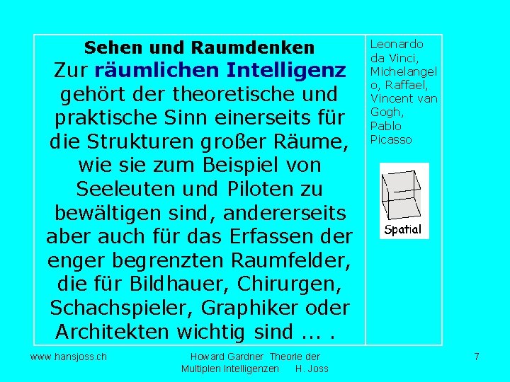 Sehen und Raumdenken Zur räumlichen Intelligenz gehört der theoretische und praktische Sinn einerseits für