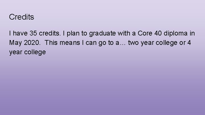 Credits I have 35 credits. I plan to graduate with a Core 40 diploma