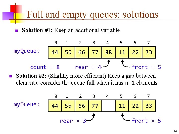 Full and empty queues: solutions n Solution #1: Keep an additional variable 0 my.