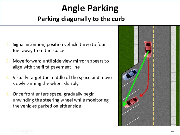 Angle Parking diagonally to the curb 1. Signal intention, position vehicle three to four