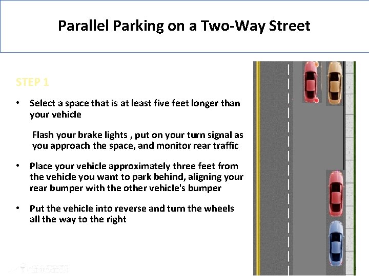Parallel Parking on a Two-Way Street STEP 1 • Select a space that is