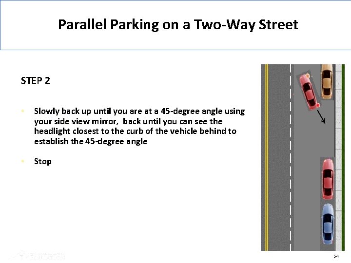 Parallel Parking on a Two-Way Street STEP 2 • Slowly back up until you
