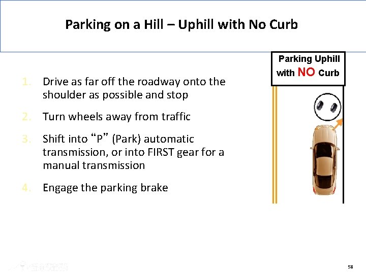 Parking on a Hill – Uphill with No Curb Parking Uphill 1. Drive as