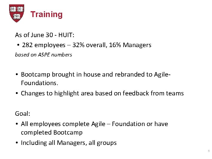 Training As of June 30 - HUIT: • 282 employees – 32% overall, 16%