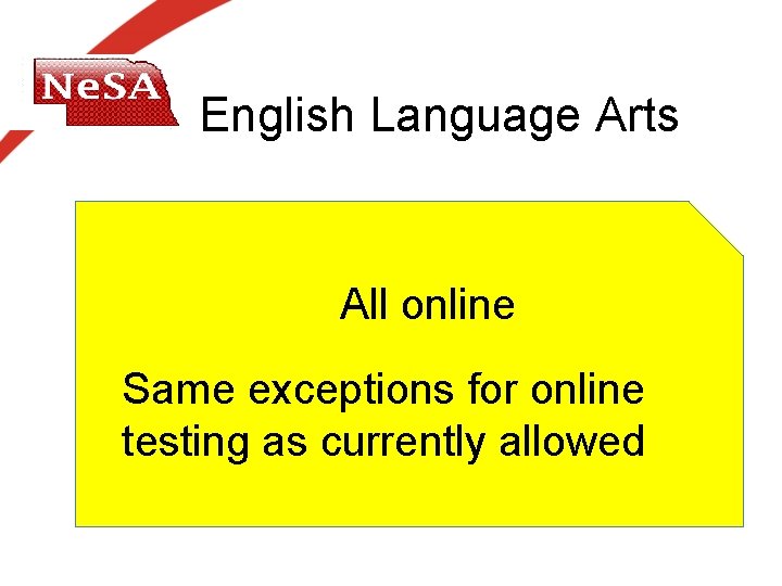 English Language Arts All online Same exceptions for online testing as currently allowed English Language Arts All online Same exceptions for online testing as currently allowed