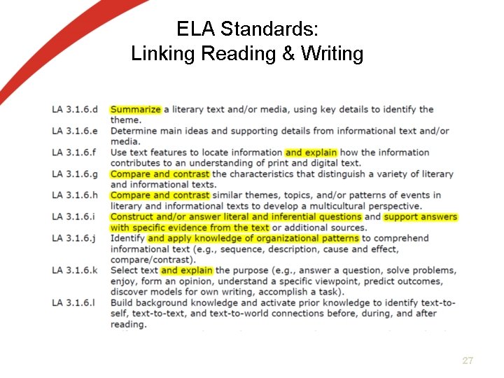 ELA Standards: Linking Reading & Writing 27 ELA Standards: Linking Reading & Writing 27