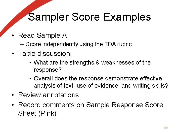 Sampler Score Examples • Read Sample A – Score independently using the TDA rubric Sampler Score Examples • Read Sample A – Score independently using the TDA rubric
