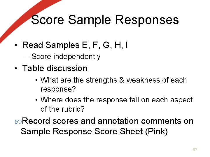 Score Sample Responses • Read Samples E, F, G, H, I – Score independently Score Sample Responses • Read Samples E, F, G, H, I – Score independently