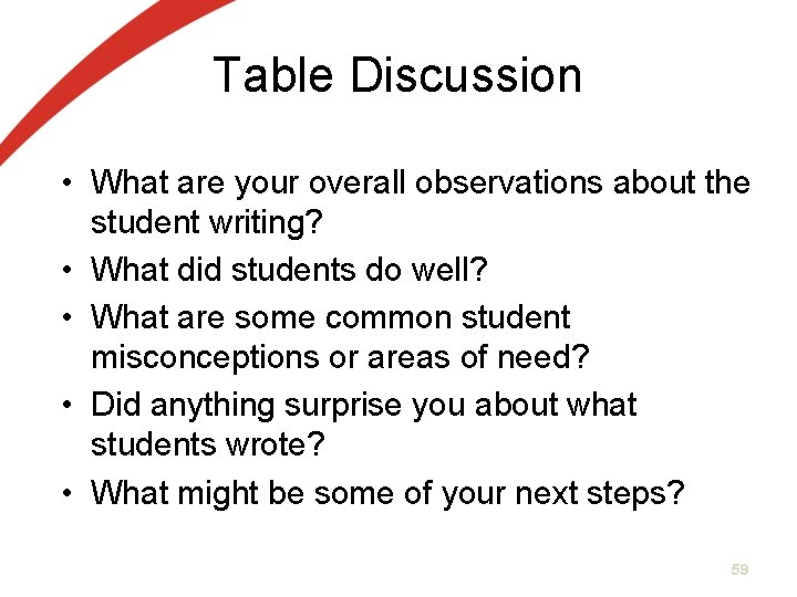 Table Discussion • What are your overall observations about the student writing? • What Table Discussion • What are your overall observations about the student writing? • What