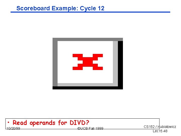 Scoreboard Example: Cycle 12 • Read operands for DIVD? 10/20/99 ©UCB Fall 1999 CS