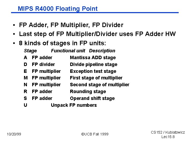 MIPS R 4000 Floating Point • FP Adder, FP Multiplier, FP Divider • Last