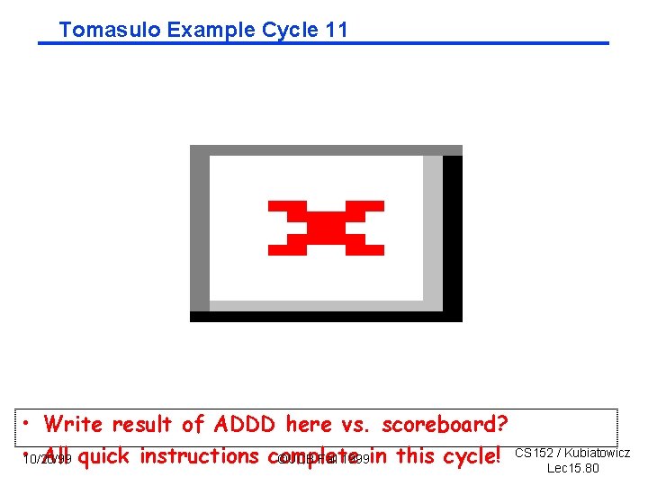 Tomasulo Example Cycle 11 • Write result of ADDD here vs. scoreboard? • 10/20/99