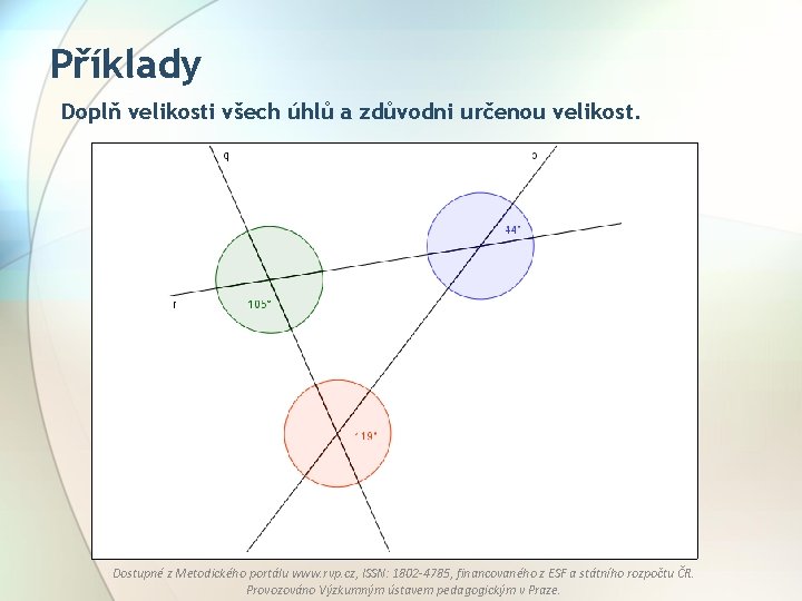 Příklady Doplň velikosti všech úhlů a zdůvodni určenou velikost. Dostupné z Metodického portálu www.