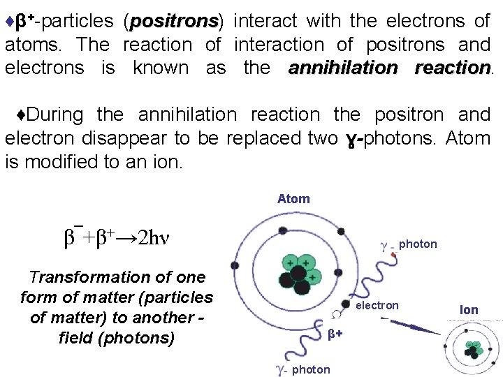 ♦β+-particles (positrons) positrons interact with the electrons of atoms. The reaction of interaction of