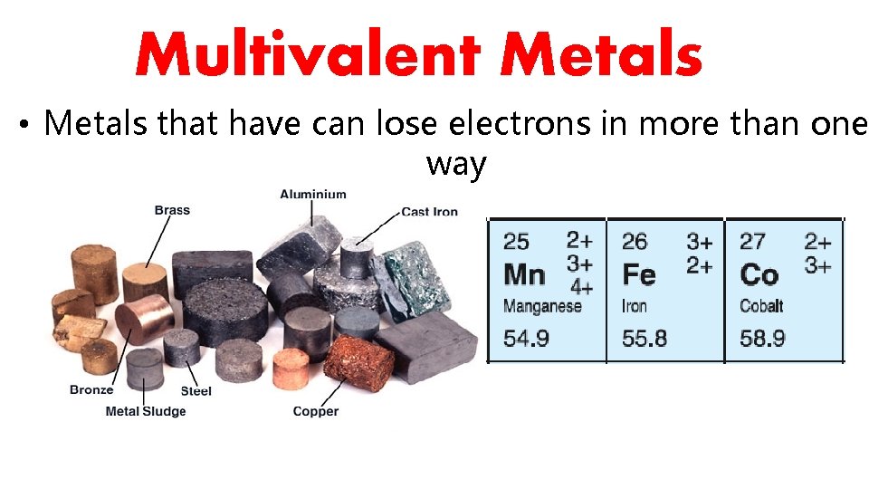 Multivalent Metals • Metals that have can lose electrons in more than one way