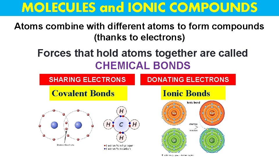 MOLECULES and IONIC COMPOUNDS Atoms combine with different atoms to form compounds (thanks to