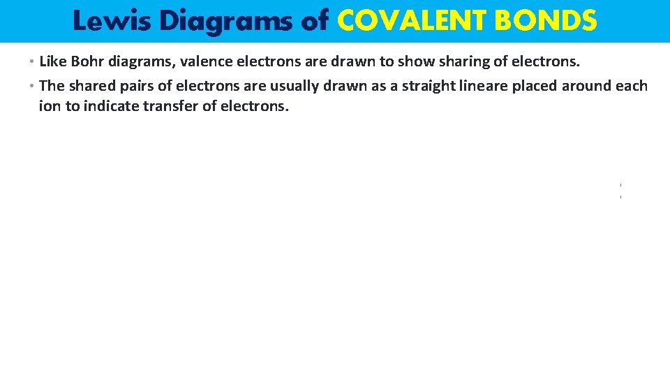 Lewis Diagrams of COVALENT BONDS • Like Bohr diagrams, valence electrons are drawn to