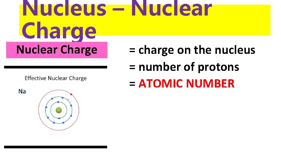Nucleus – Nuclear Charge = charge on the nucleus = number of protons =