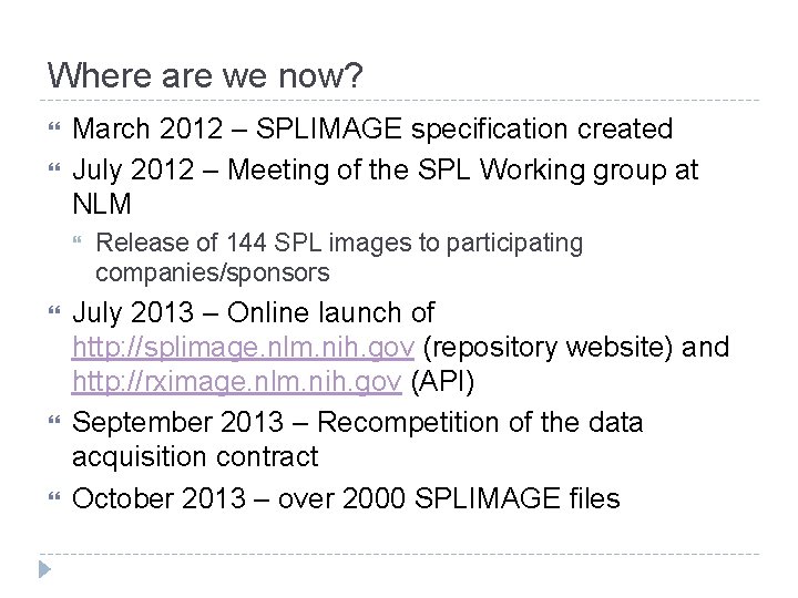 Where are we now? March 2012 – SPLIMAGE specification created July 2012 – Meeting