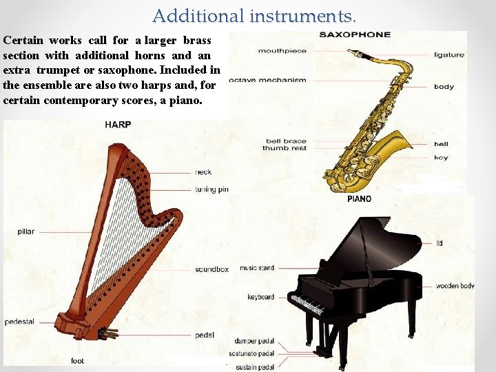 Additional instruments. Certain works call for a larger brass section with additional horns and