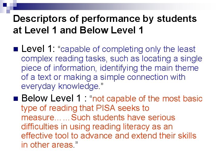 Descriptors of performance by students at Level 1 and Below Level 1 n Level