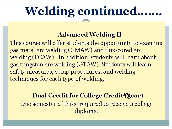 Welding continued……. Advanced Welding II This course will offer students the opportunity to examine