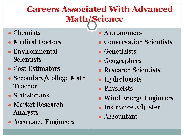 Careers Associated With Advanced Math/Science ● Chemists ● Astronomers ● Medical Doctors ● Conservation