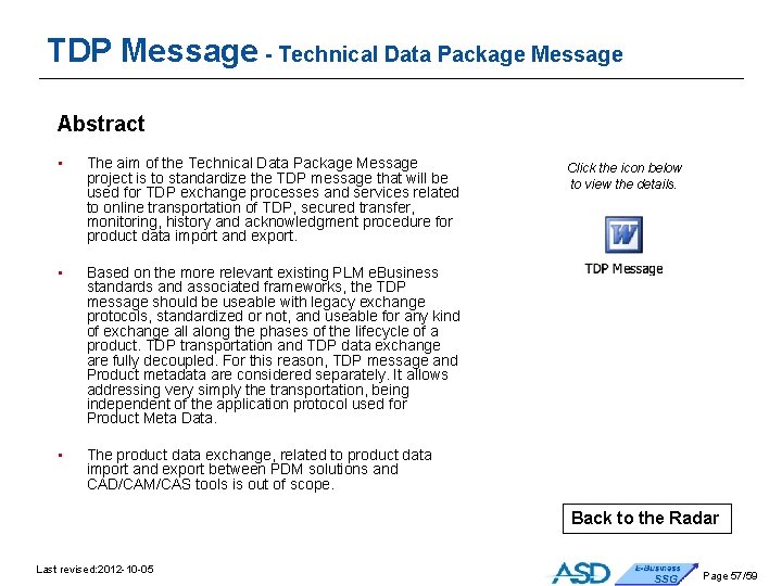 TDP Message - Technical Data Package Message Abstract • The aim of the Technical TDP Message - Technical Data Package Message Abstract • The aim of the Technical