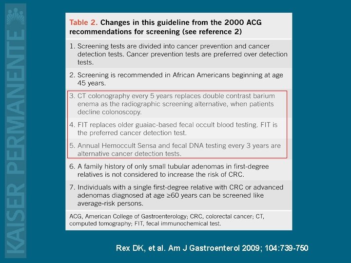 Rex DK, et al. Am J Gastroenterol 2009; 104: 739 -750 