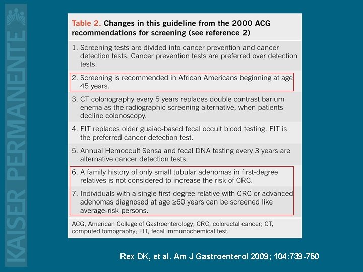 Rex DK, et al. Am J Gastroenterol 2009; 104: 739 -750 