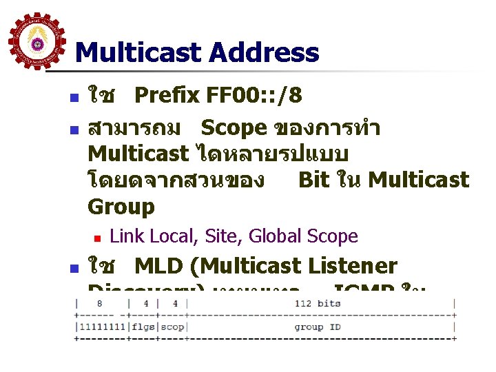 Multicast Address n n ใช Prefix FF 00: : /8 สามารถม Scope ของการทำ Multicast