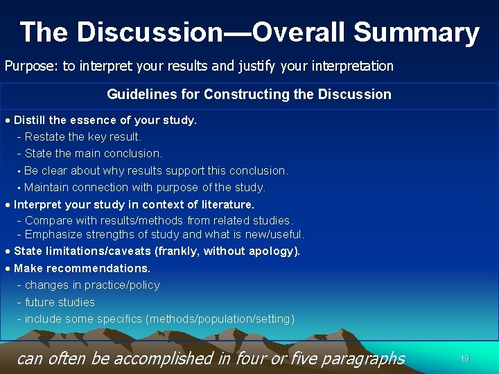 The Discussion—Overall Summary Purpose: to interpret your results and justify your interpretation Guidelines for