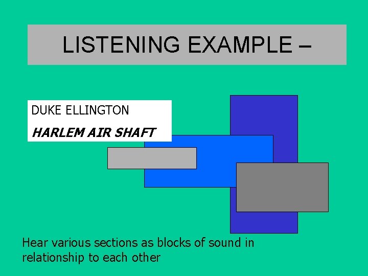 LISTENING EXAMPLE – DUKE ELLINGTON HARLEM AIR SHAFT Hear various sections as blocks of