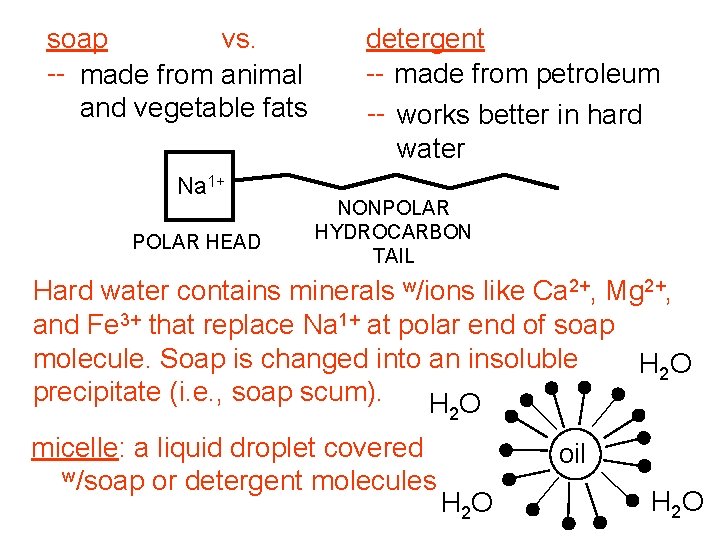 soap vs. -- made from animal and vegetable fats Na 1+ POLAR HEAD detergent