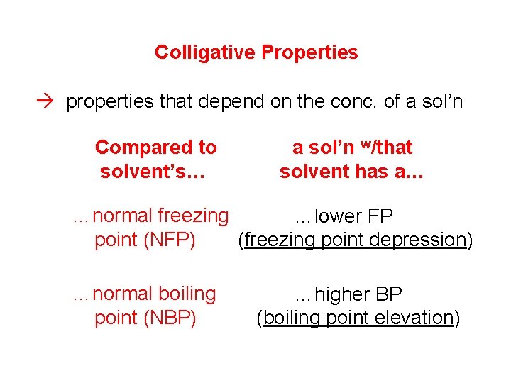 Colligative Properties properties that depend on the conc. of a sol’n Compared to solvent’s…
