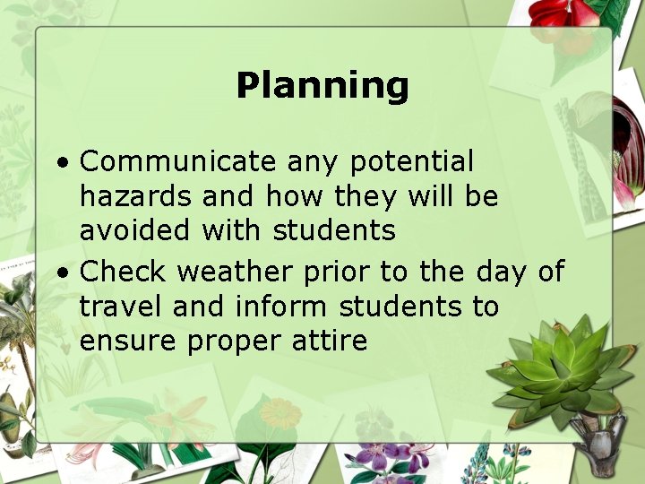 Planning • Communicate any potential hazards and how they will be avoided with students