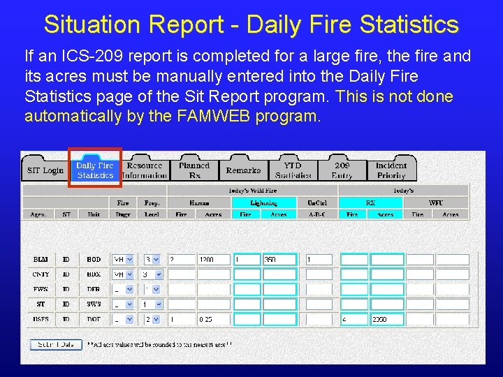 Situation Report - Daily Fire Statistics If an ICS-209 report is completed for a Situation Report - Daily Fire Statistics If an ICS-209 report is completed for a