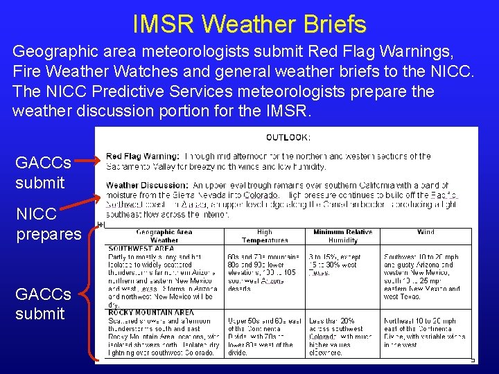 IMSR Weather Briefs Geographic area meteorologists submit Red Flag Warnings, Fire Weather Watches and IMSR Weather Briefs Geographic area meteorologists submit Red Flag Warnings, Fire Weather Watches and