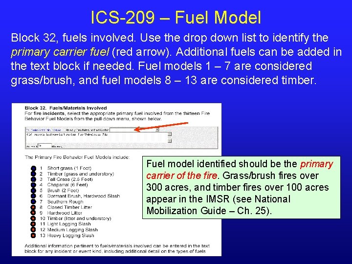 ICS-209 – Fuel Model Block 32, fuels involved. Use the drop down list to