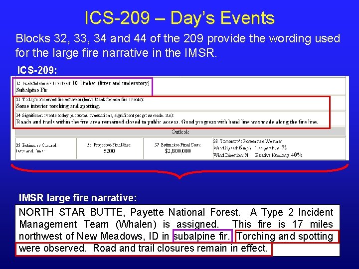 ICS-209 – Day’s Events Blocks 32, 33, 34 and 44 of the 209 provide ICS-209 – Day’s Events Blocks 32, 33, 34 and 44 of the 209 provide