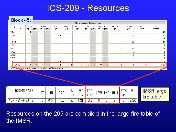 ICS-209 - Resources Block 45: IMSR large fire table Resources on the 209 are ICS-209 - Resources Block 45: IMSR large fire table Resources on the 209 are