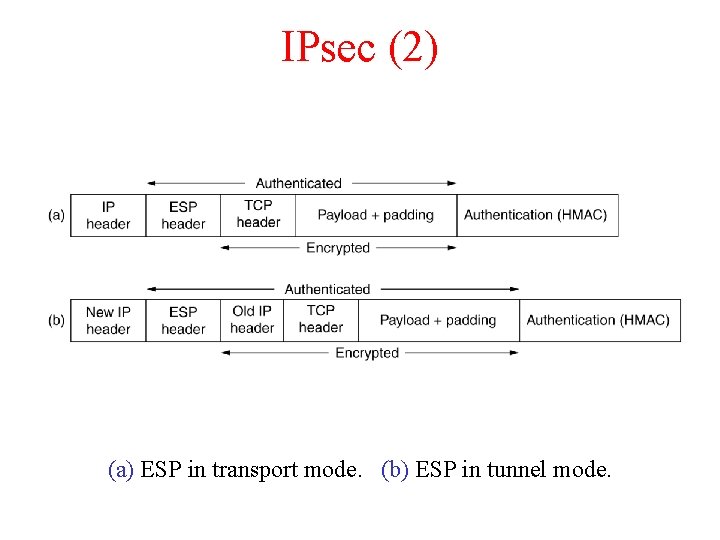 IPsec (2) (a) ESP in transport mode. (b) ESP in tunnel mode. 