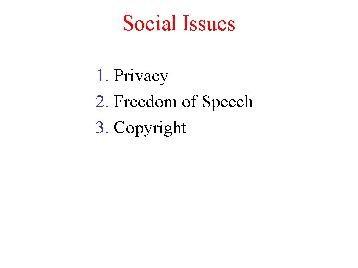 Social Issues 1. Privacy 2. Freedom of Speech 3. Copyright 