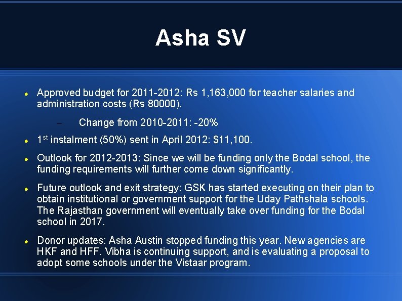 Asha SV Approved budget for 2011 -2012: Rs 1, 163, 000 for teacher salaries